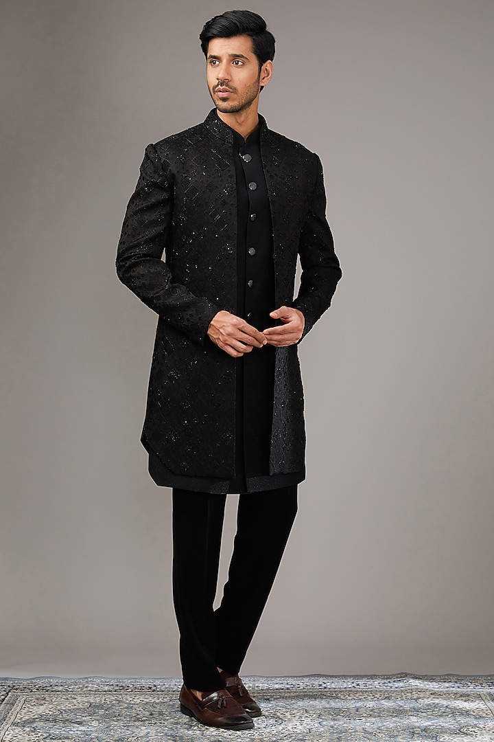 Black Suiting Textured Fabric Indowestern Set by RE CHANNEL