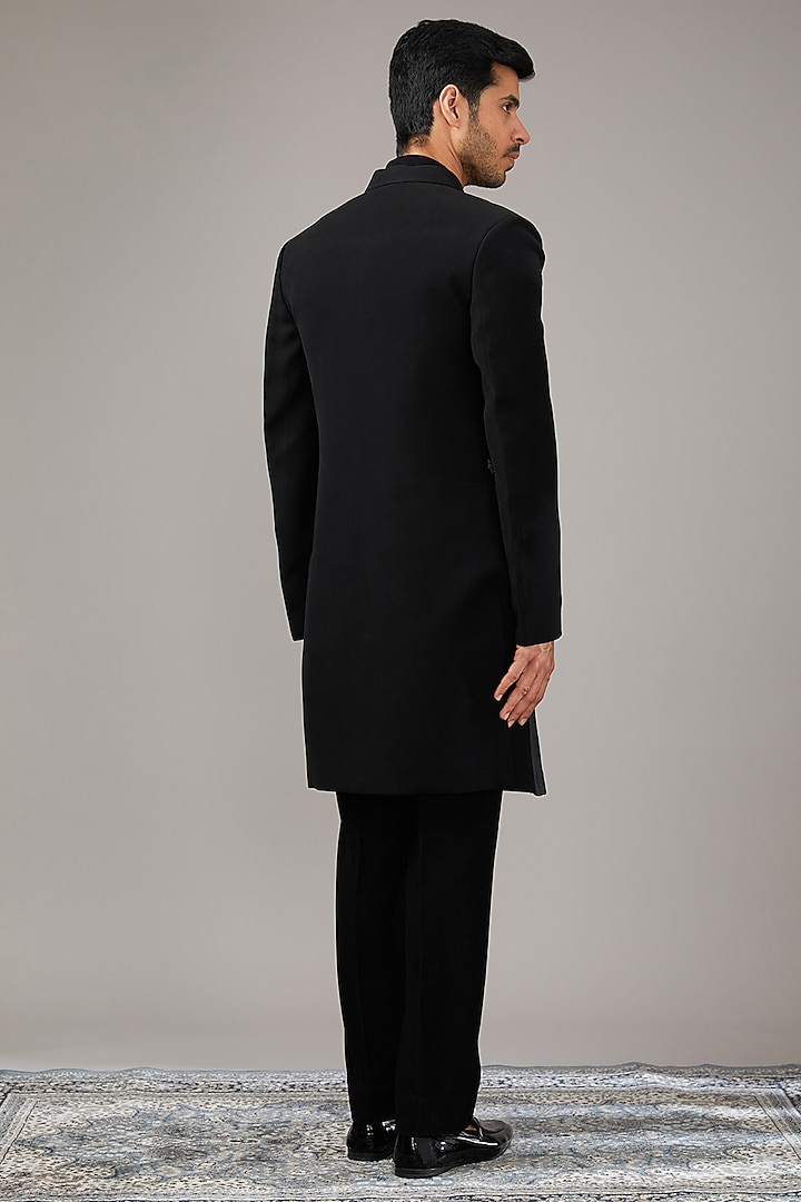 Black Japanese Suiting Fabric Salli Work Wedding Indowestern Set by RE CHANNEL at Pernia's Pop Up Shop