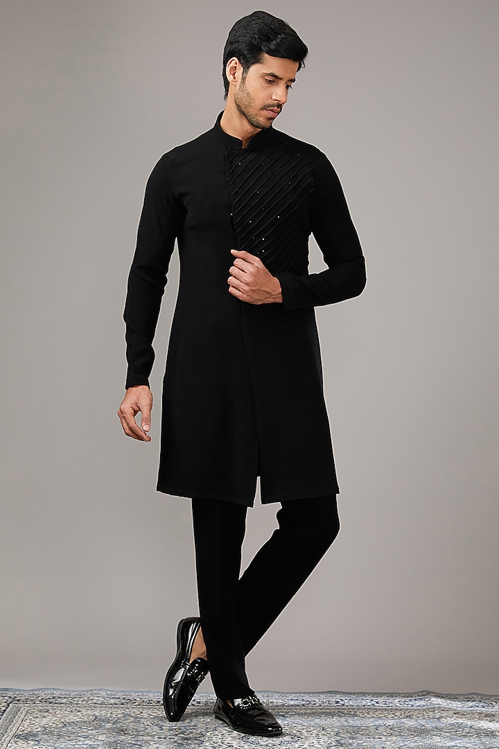 Black Japanese Suiting Fabric Salli Work Wedding Indowestern Set by RE CHANNEL at Pernia's Pop Up Shop