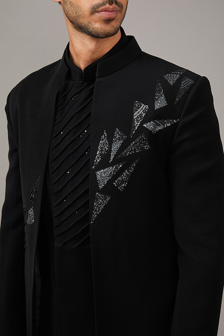 Black Japanese Suiting Fabric Salli Work Wedding Indowestern Set by RE CHANNEL at Pernia's Pop Up Shop