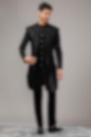 Black Suiting Textured Fabric Salli Work Wedding Indowestern Set by RE CHANNEL at Pernia's Pop Up Shop