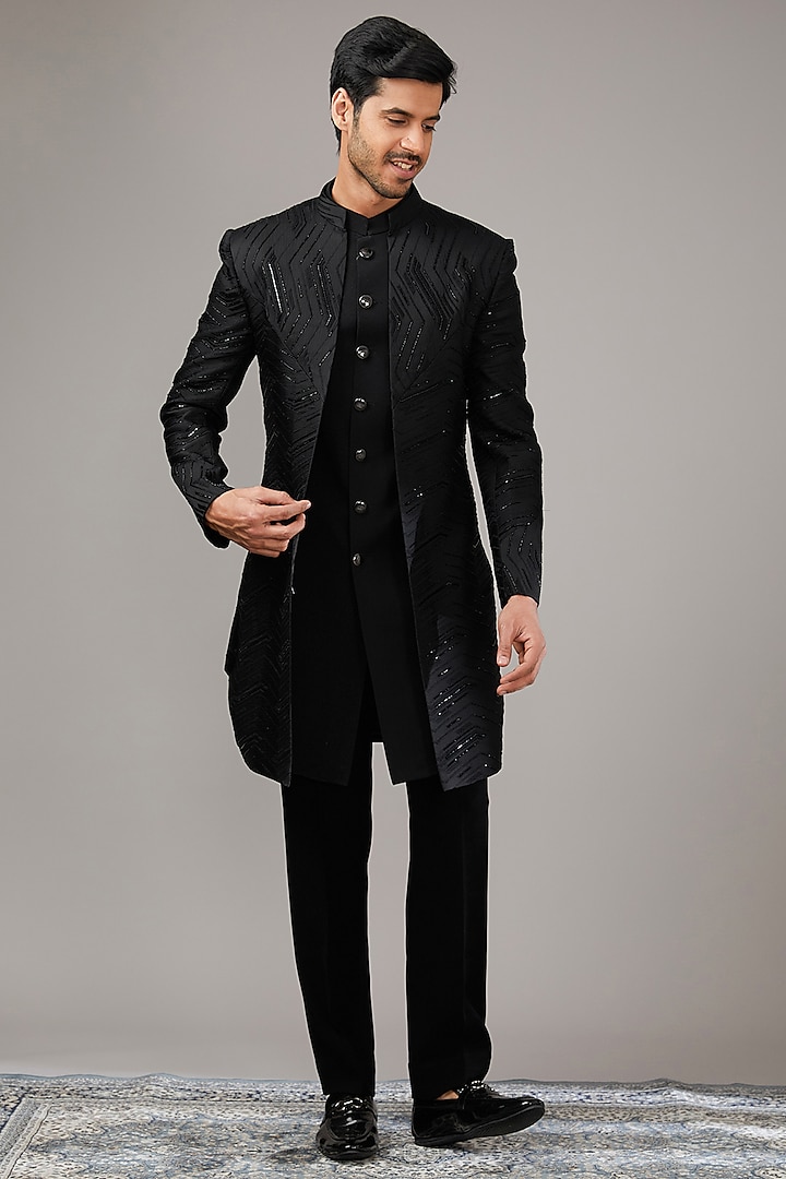 Black Suiting Textured Fabric Salli Work Wedding Indowestern Set by RE CHANNEL at Pernia's Pop Up Shop