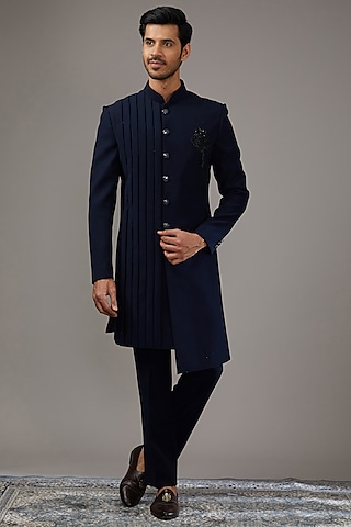 Navy Blue Japanese Suiting Fabric Sequins Work Indowestern Set by RE CHANNEL