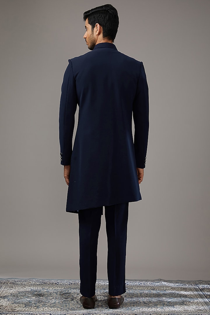 Navy Blue Japanese Suiting Fabric Sequins Work Indowestern Set by RE CHANNEL at Pernia's Pop Up Shop