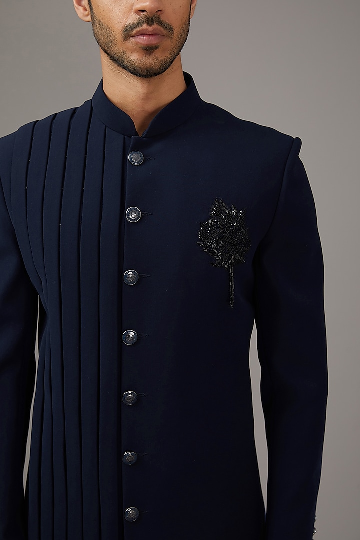 Navy Blue Japanese Suiting Fabric Sequins Work Indowestern Set by RE CHANNEL at Pernia's Pop Up Shop