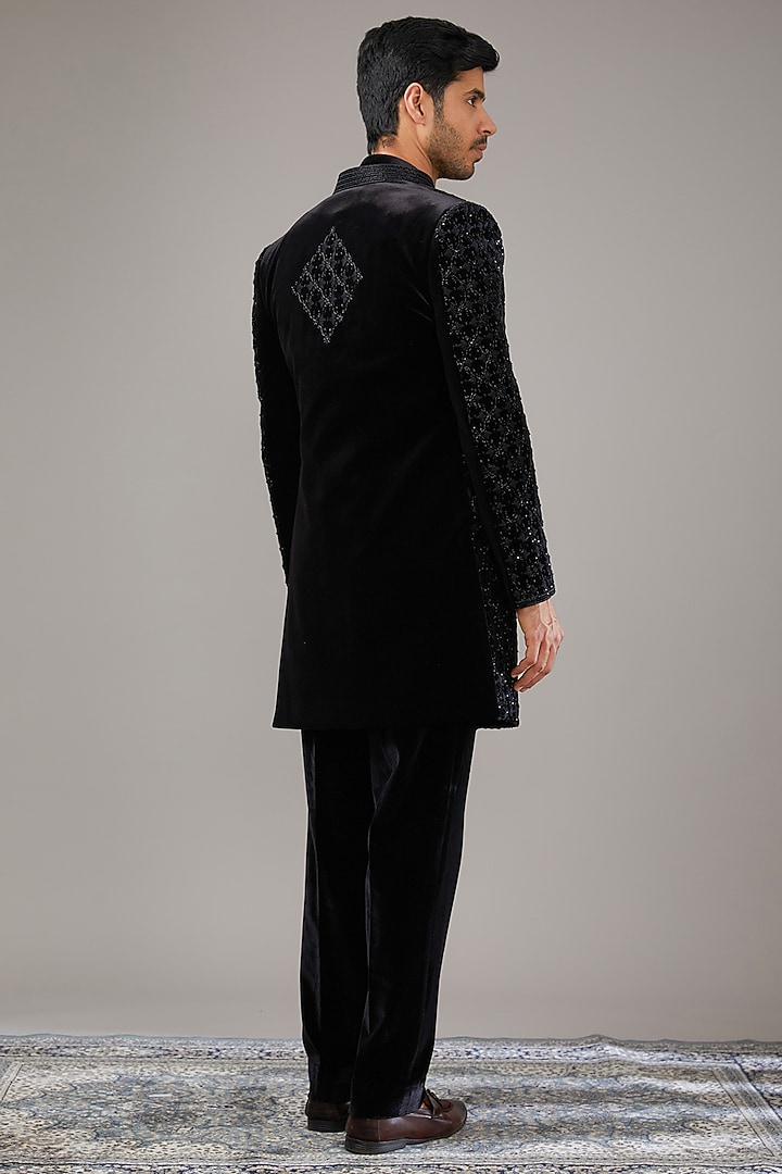 Black Velvet Sequins Work Wedding Indowestern Set by RE CHANNEL at Pernia's Pop Up Shop