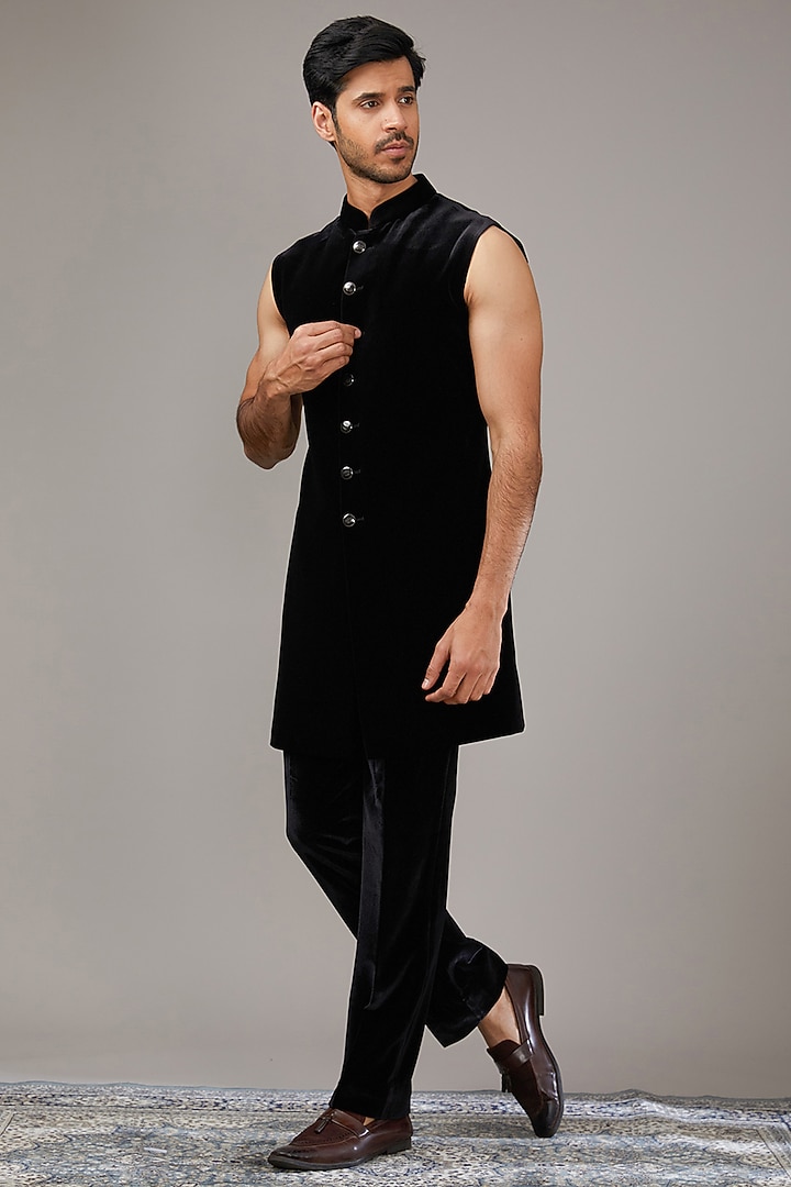 Black Velvet Sequins Work Wedding Indowestern Set by RE CHANNEL at Pernia's Pop Up Shop