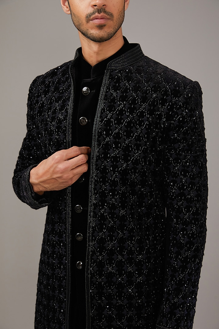 Black Velvet Sequins Work Wedding Indowestern Set by RE CHANNEL at Pernia's Pop Up Shop