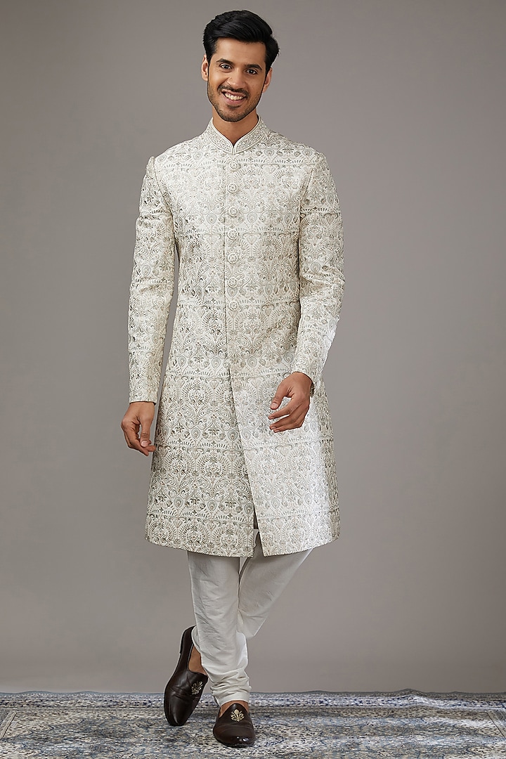 Off-White Silk Sequins Work Sherwani Set by RE CHANNEL
