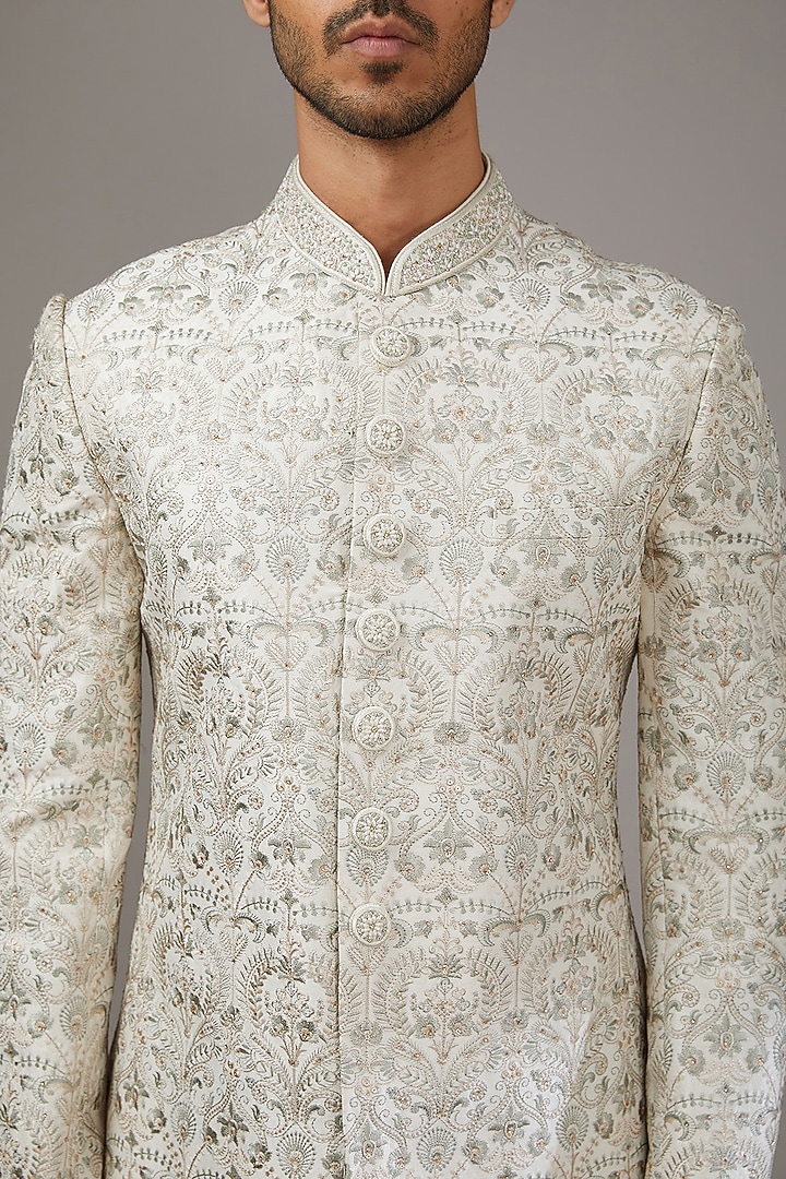 Off-White Silk Sequins Work Wedding Sherwani Set by RE CHANNEL at Pernia's Pop Up Shop