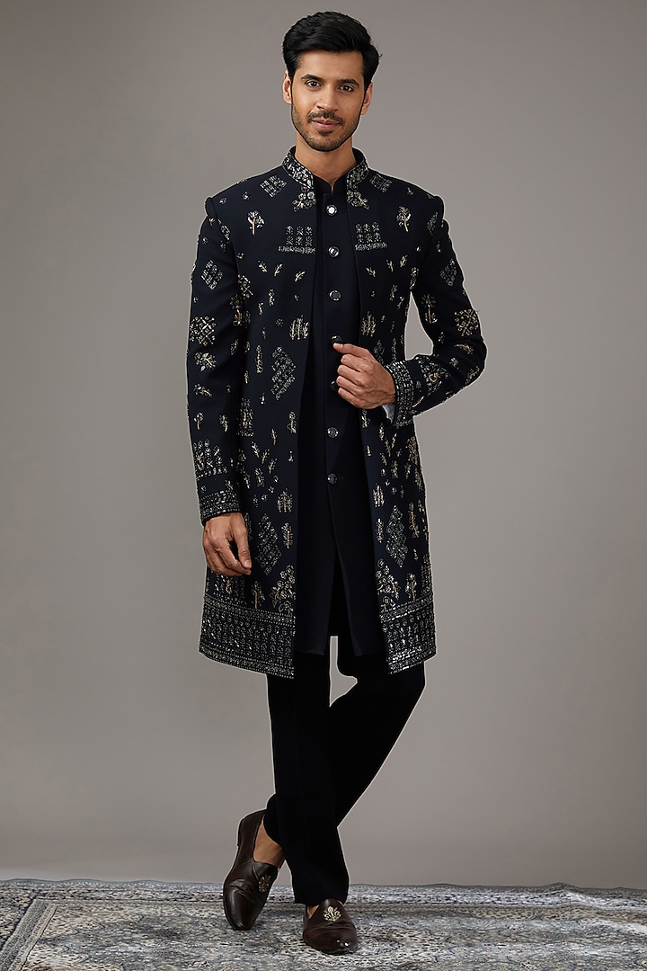 Navy Blue Japanese Suiting Fabric Cutdana Work Indowestern Set by RE CHANNEL