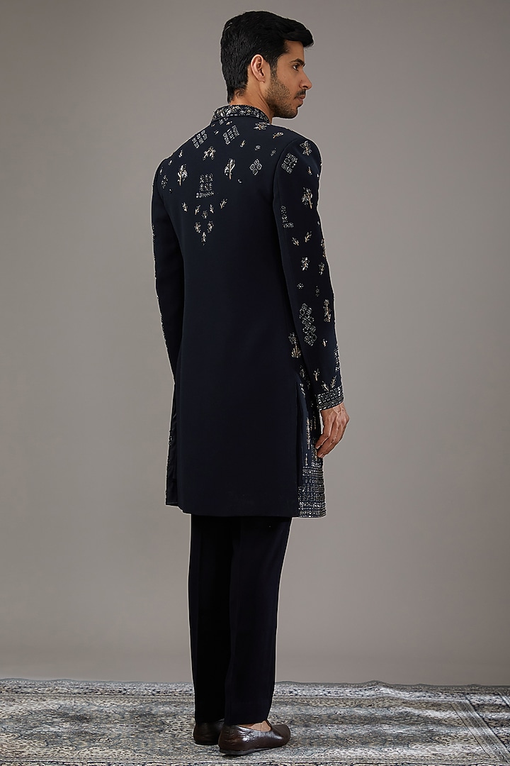 Navy Blue Japanese Suiting Fabric Cutdana Work Wedding Indowestern Set by RE CHANNEL at Pernia's Pop Up Shop