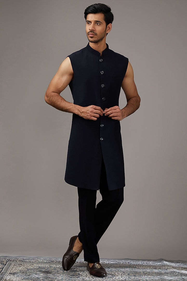 Navy Blue Japanese Suiting Fabric Cutdana Work Wedding Indowestern Set by RE CHANNEL at Pernia's Pop Up Shop