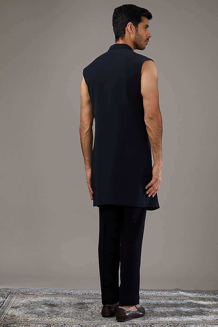 Navy Blue Japanese Suiting Fabric Cutdana Work Wedding Indowestern Set by RE CHANNEL at Pernia's Pop Up Shop