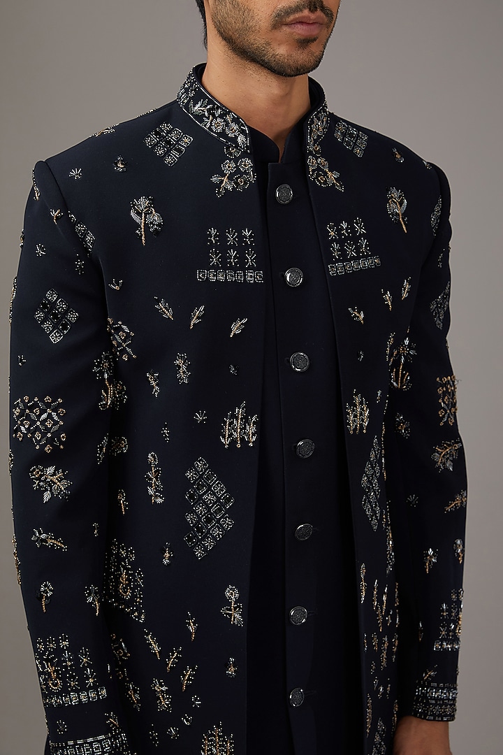 Navy Blue Japanese Suiting Fabric Cutdana Work Wedding Indowestern Set by RE CHANNEL at Pernia's Pop Up Shop