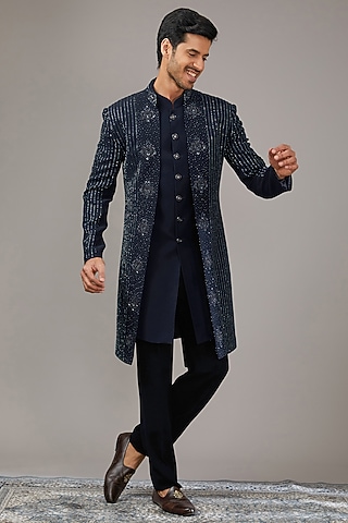 Midnight Blue Japanese Suiting Fabric Embroidered Indowestern Set by RE CHANNEL