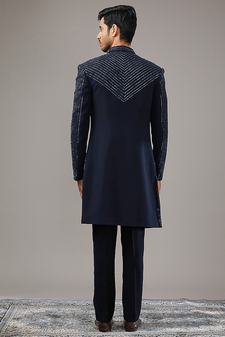Midnight Blue Japanese Suiting Fabric Embroidered Wedding Indowestern Set by RE CHANNEL at Pernia's Pop Up Shop