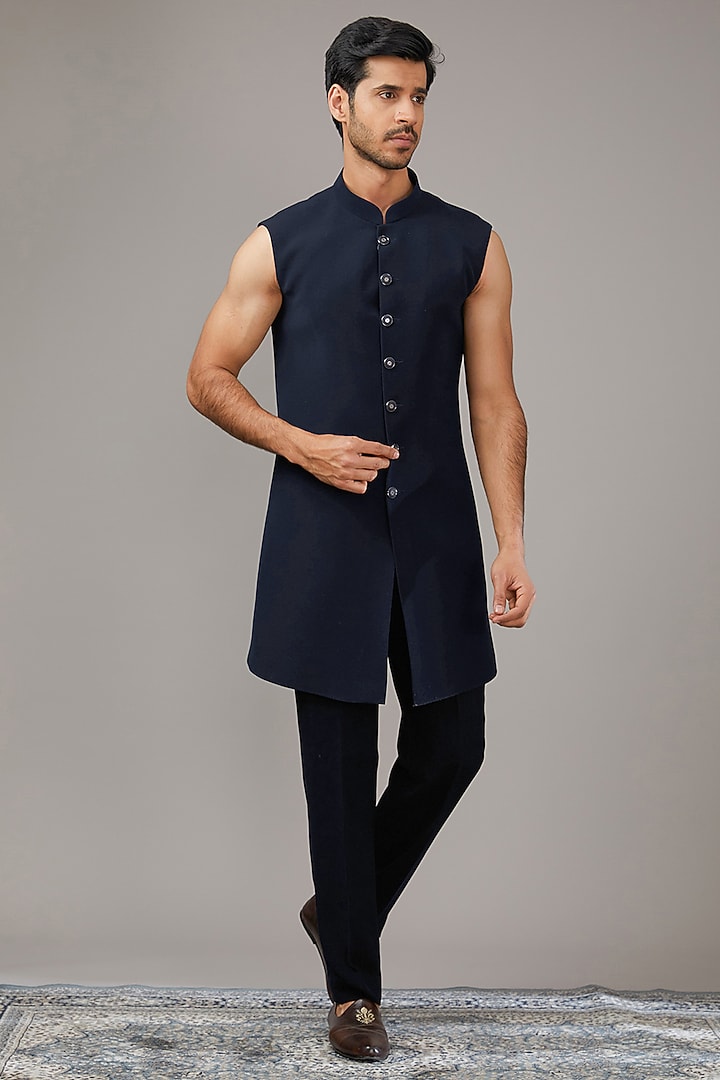 Midnight Blue Japanese Suiting Fabric Embroidered Wedding Indowestern Set by RE CHANNEL at Pernia's Pop Up Shop