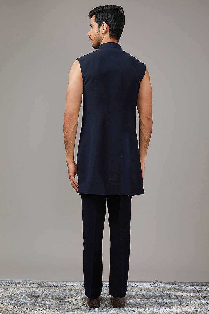 Midnight Blue Japanese Suiting Fabric Embroidered Wedding Indowestern Set by RE CHANNEL at Pernia's Pop Up Shop