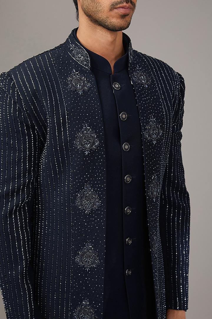 Midnight Blue Japanese Suiting Fabric Embroidered Wedding Indowestern Set by RE CHANNEL at Pernia's Pop Up Shop