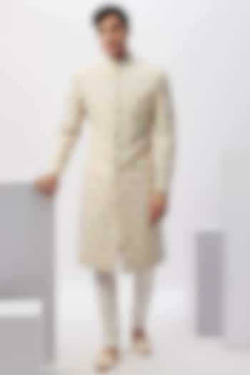 Sky Blue Georgette Resham Embroidered Lucknowi Wedding Sherwani Set by RE CHANNEL at Pernia's Pop Up Shop