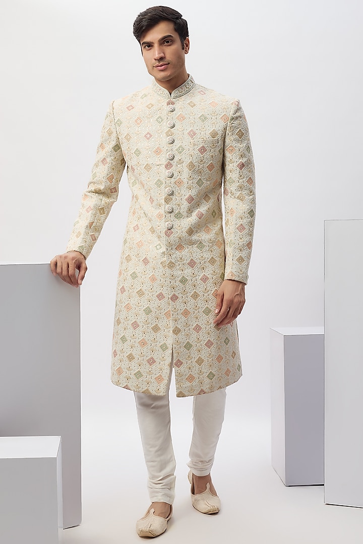 Sky Blue Georgette Resham Embroidered Lucknowi Wedding Sherwani Set by RE CHANNEL at Pernia's Pop Up Shop