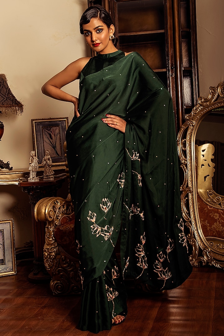 Dark Green Hand Embroidered Saree Set by Reda by Mansha