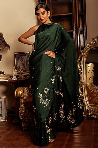 Dark Green Hand Embroidered Saree Set by Reda by Mansha