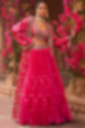 Pink Taffeta Silk Hand Embroidered Jacket Bridal Lehenga Set by Reeti Arneja at Pernia's Pop Up Shop