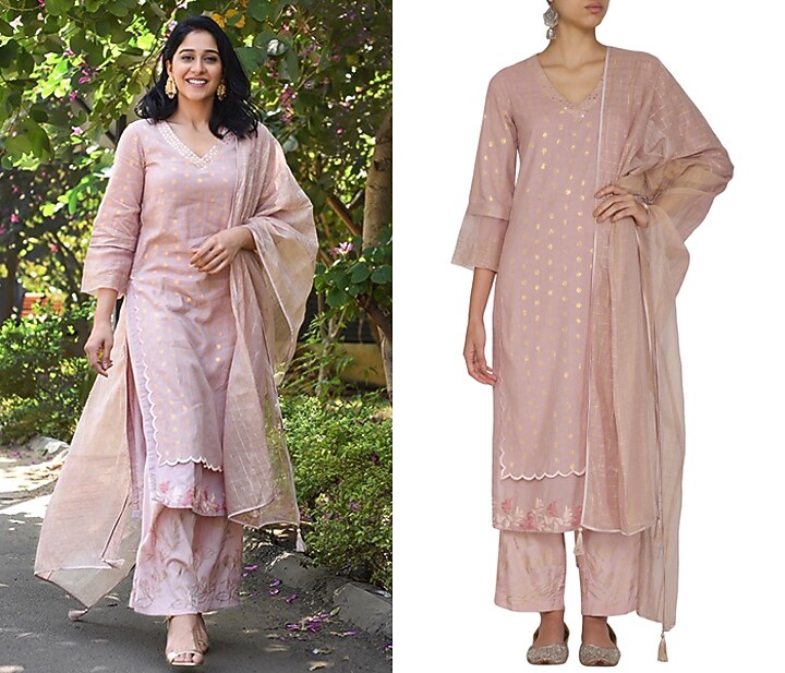 Onion Pink Embroidered Printed Kurta Set by Devnaagri at Pernia's Pop Up Shop