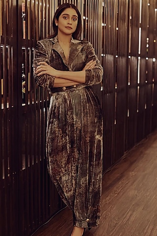 Grey Printed Pleated Pant Set by Nirmooha