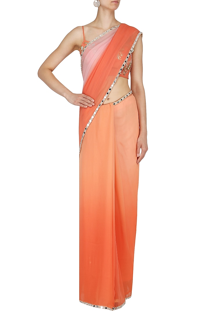 Tangerine and Peach Embroidered Saree Set by Renee Label