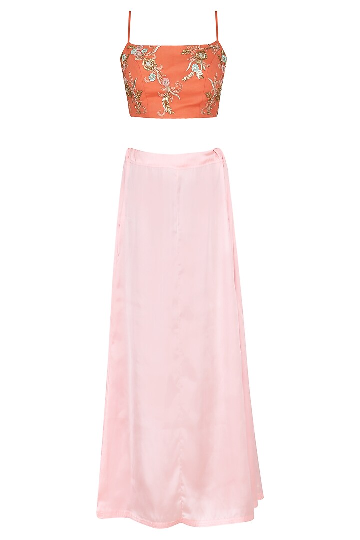 Tangerine and peach embroidered saree set available only at Pernia's Pop Up Shop.