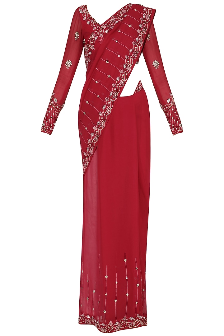 Rose red embroidered saree set available only at Pernia's Pop Up Shop.