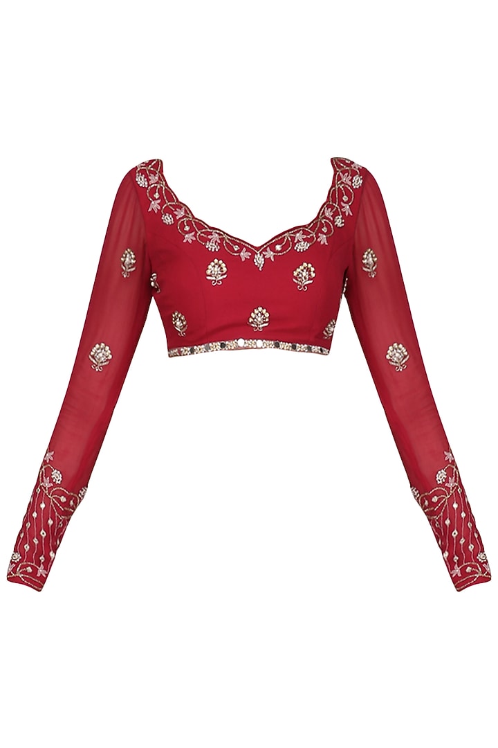 Rose red embroidered saree set available only at Pernia's Pop Up Shop.
