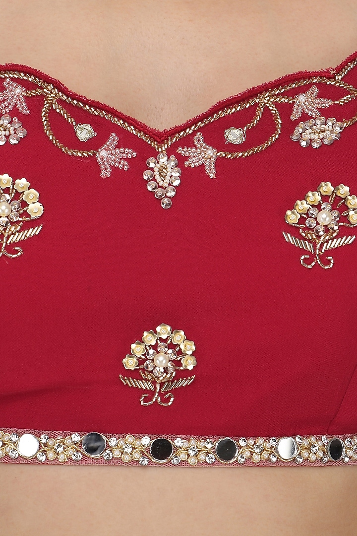 Rose red embroidered saree set available only at Pernia's Pop Up Shop.