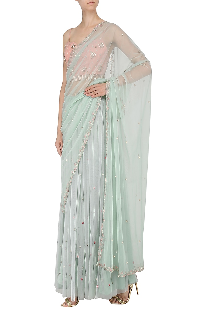 Blush Pink and Mint Blue Embroidered Lehenga Set by Renee Label
