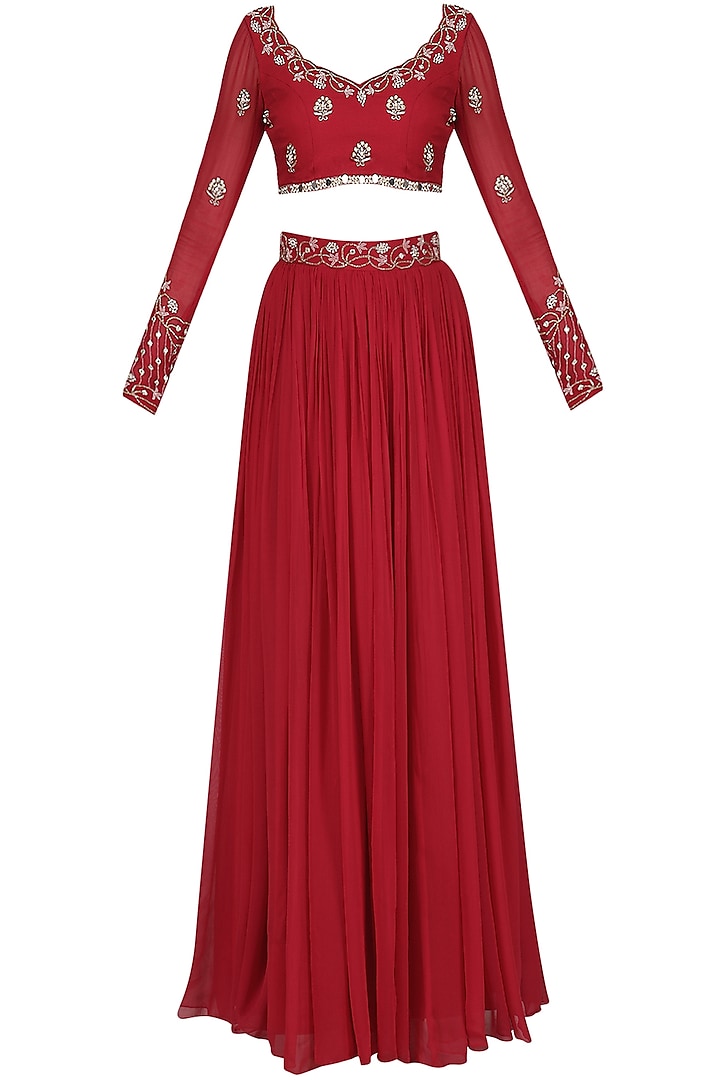 Rose Red Embroidered Lehenga Set by Renee Label