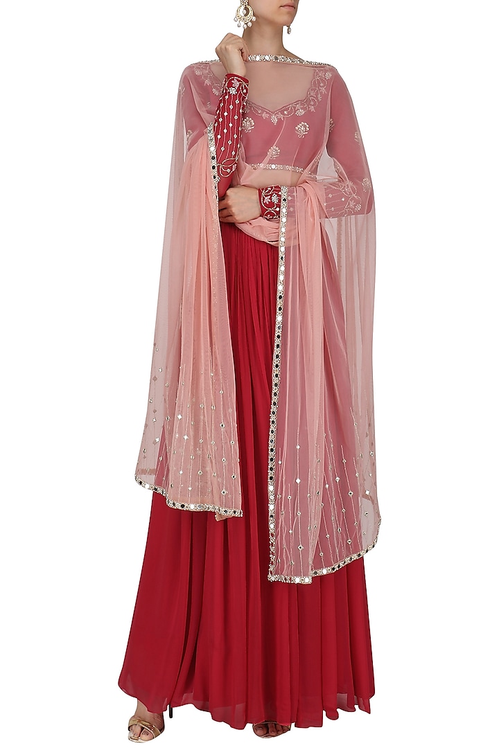 Rose red embroidered lehenga set available only at Pernia's Pop Up Shop.