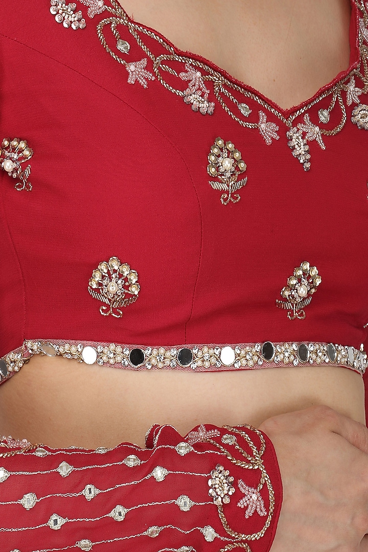 Rose red embroidered lehenga set available only at Pernia's Pop Up Shop.