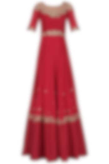 Rose Red Embroidered Anarkali Gown Set by Renee Label