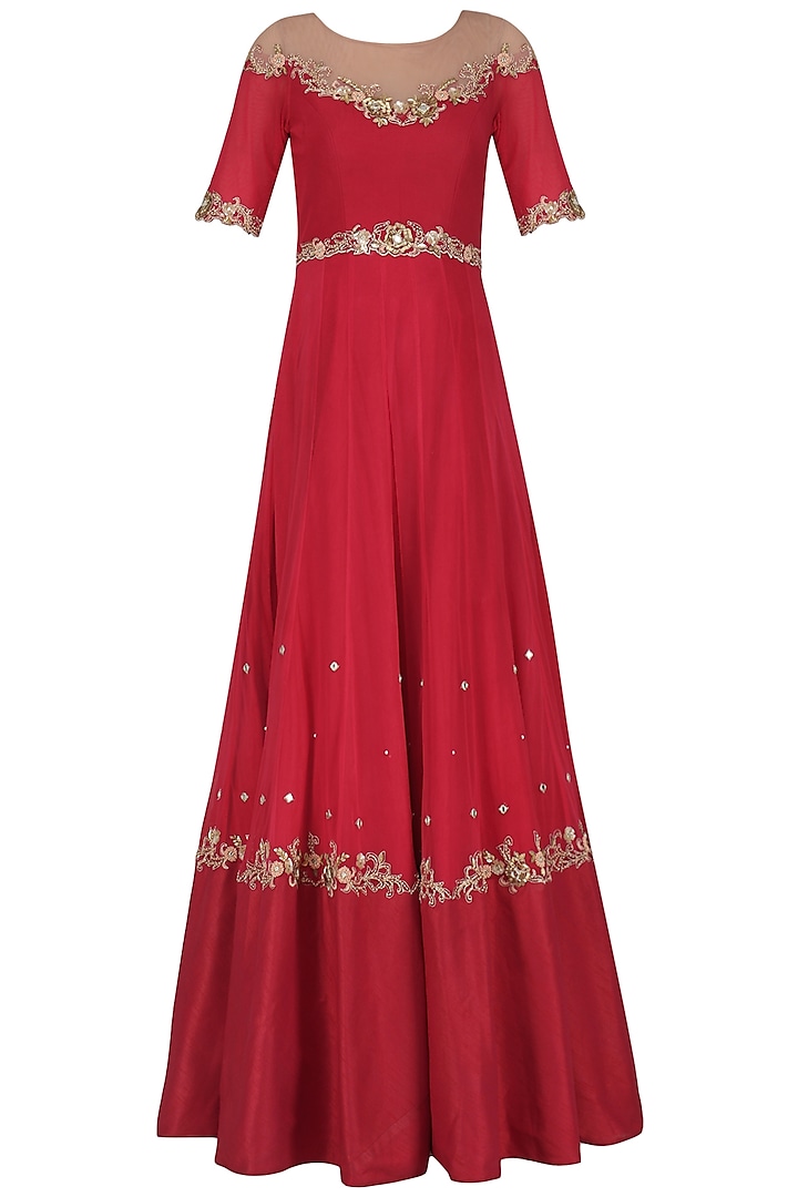 Rose Red Embroidered Anarkali Gown Set by Renee Label