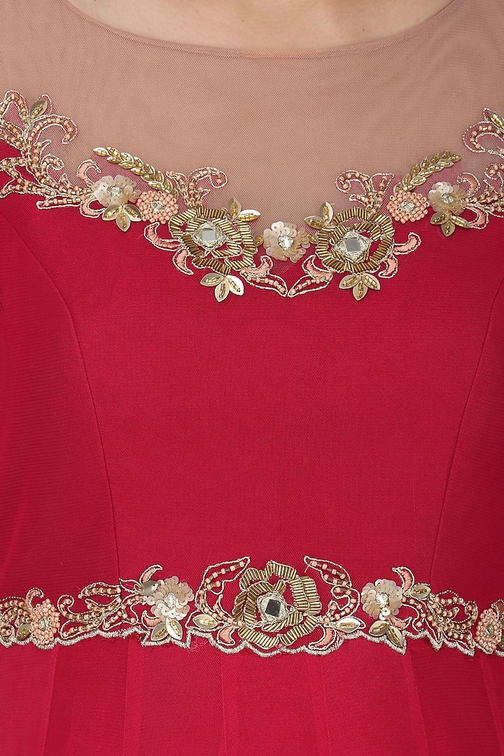 Rose red embroidered anarkali gown set available only at Pernia's Pop Up Shop.