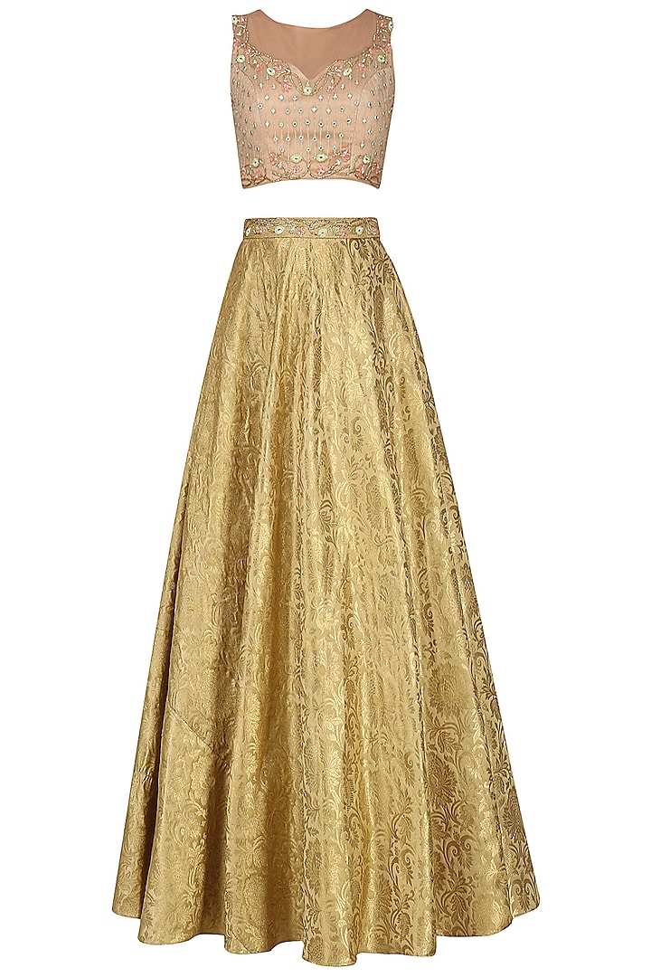 Gold and Nude Embroidered Lehenga Set by Renee Label