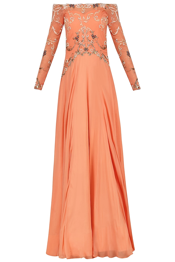 Tangerine Off Shoulder Embroidered Gown by Renee Label
