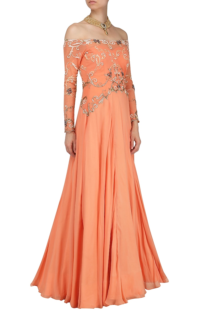 Tangerine off shoulder embroidered gown available only at Pernia's Pop Up Shop.