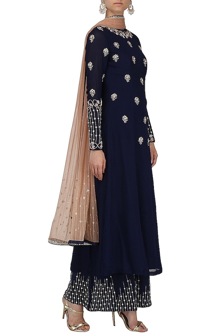 Navy blue embroidered kurta and palazzo set available only at Pernia's Pop Up Shop.