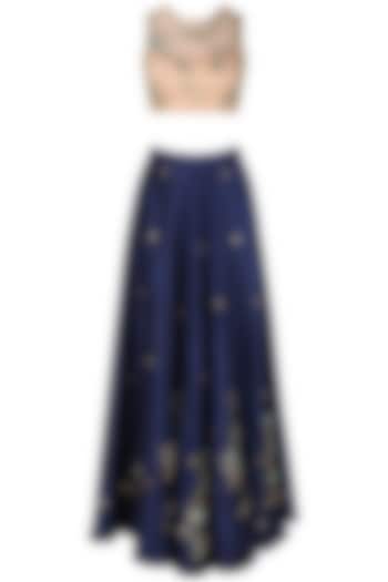Navy blue and nude embroidered lehenga set available only at Pernia's Pop Up Shop.