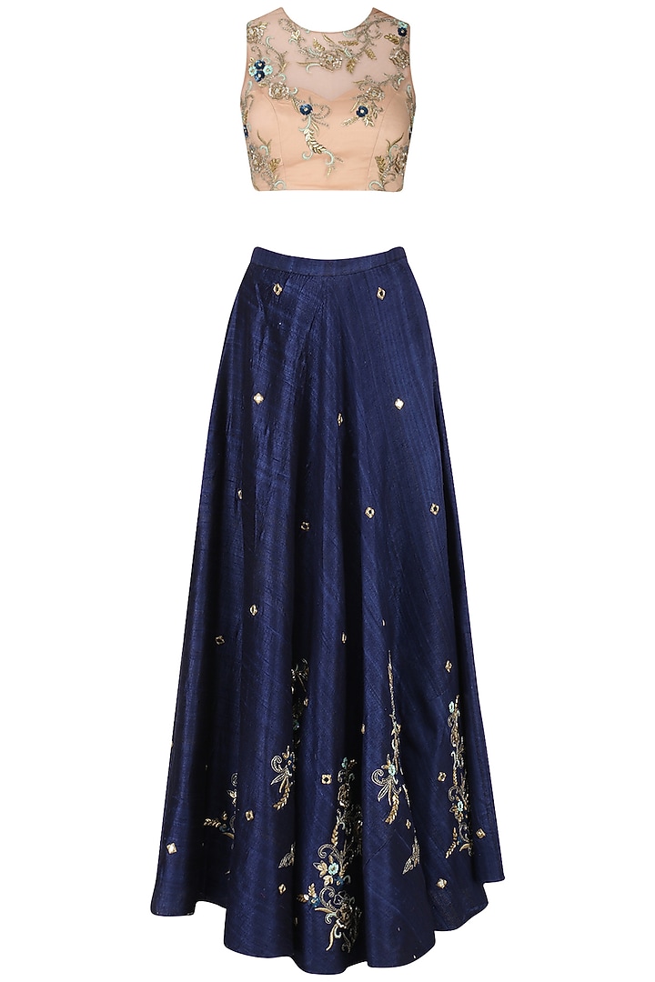 Navy blue and nude embroidered lehenga set available only at Pernia's Pop Up Shop.