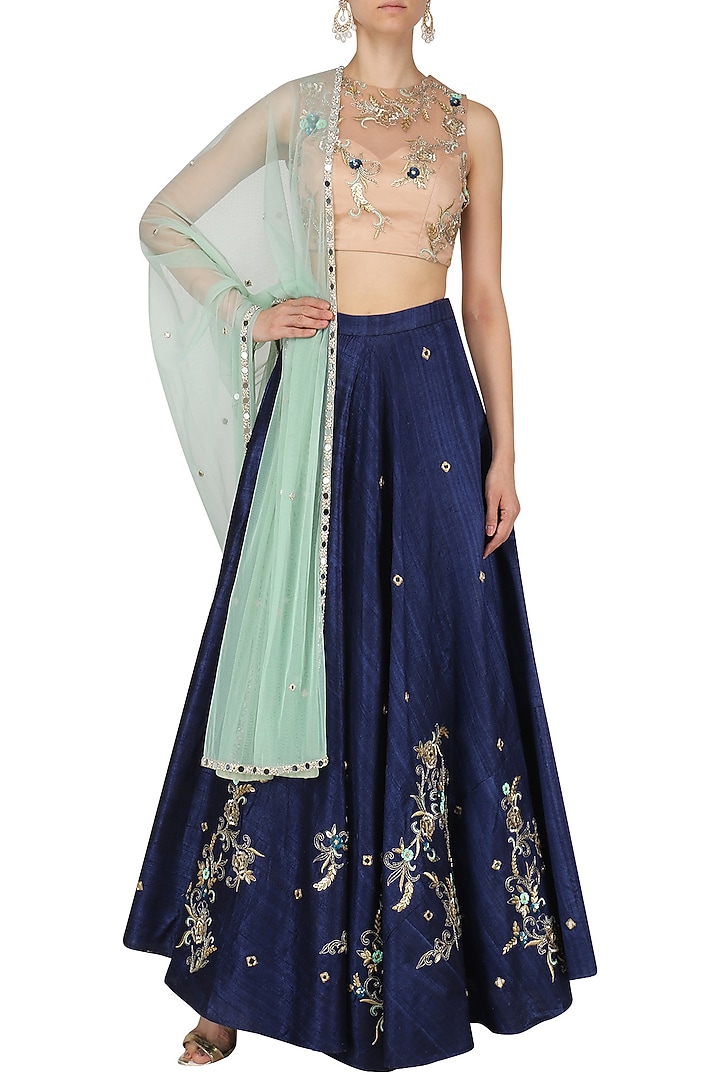 Navy blue and nude embroidered lehenga set available only at Pernia's Pop Up Shop.